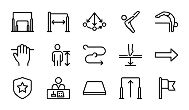Gymnastics Icons Set, Sport Equipment & Athlete Poses, Vector Graphics for Fitness & Competition