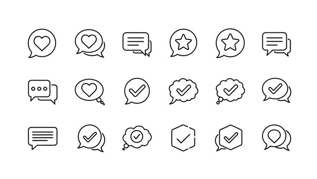 Set of thin line speech bubble icons with heart, star, checkmark, and message symbols for web and app design