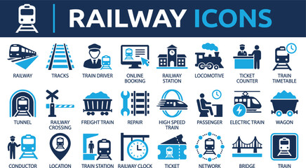 Railway icon set, contaning train, station, railroad, transportation, locomotive and track. Solid vector icon collection. © Jannatul Ferdous