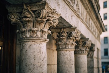 Fototapeta premium Four stone columns in a row on a civic education building facade, detailed capitals and weathered texture