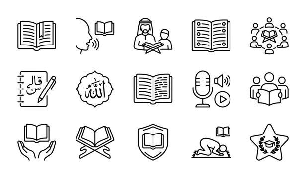 Islamic Education Icons: Quran Study, Prayer, Learning, Community, Arabic Calligraphy