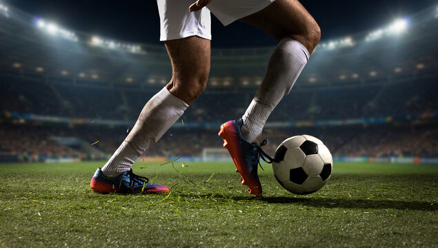 Soccer player stepping on ball with cleats on stadium field. Concept of summer sport control moment, footwork drill, match advertising, soccer gear, and academy training content.