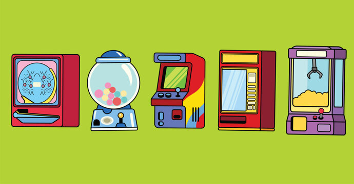Detailed retro illustration set of vintage Japanese vending machines, pachinko, gashapon capsule toys, and arcade game machines