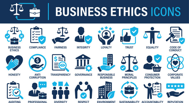 Business ethics icon set. Compliance, fairness, integrity, loyalty, trust, equality, code of conduct, honesty, anti corruption, transparency. Solid vector symbol collection.