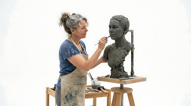 Artist carefully sculpts detailed clay bust on wooden stand in studio