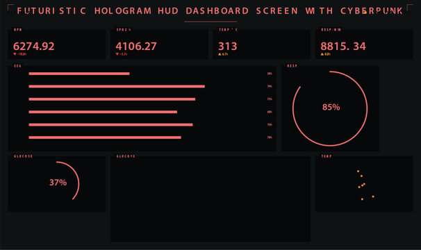 Abstract tech cyberpunk hud dashboard with data visualization and graphs vector illustration