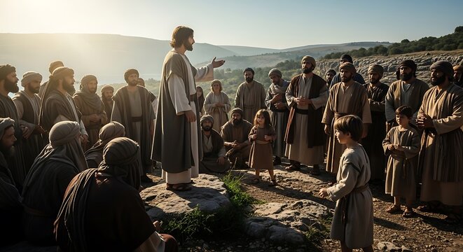 Jesus preaching to a large crowd on a rocky hillside with a beautiful sunny landscape background