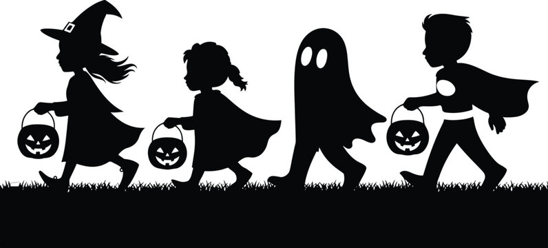 Black and White Stylized Children Holding Pumpkin Pails for Festival UI Layouts, Spooky Halloween Trick-or-Treating Children Vector Silhouette Lineup, Trick or Treat kids silhouettes.