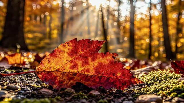 A single red and yellow autumn leaf rests on mossy ground