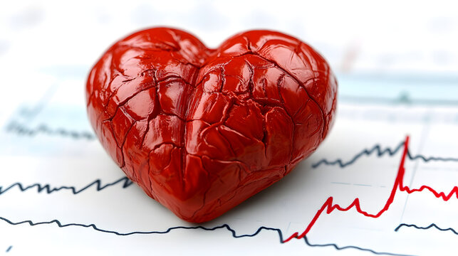 Red glossy human heart model lying on medical electrocardiogram ecg chart report cardiogram analysis