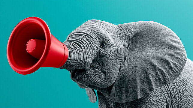 Ein realistischer Elefant mit einem roten Megafon vor dem R&uuml;ssel auf t&uuml;rkisfarbenem Hintergrund als Symbol f&uuml;r laute Botschaften