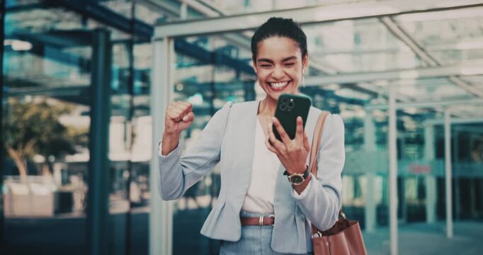 Dance, phone and business woman in city for job promotion, contact and portfolio bonus. Career growth, account deal and online news with employee and mobile outdoor for fist pump, winner and success