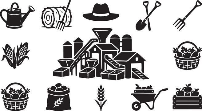 Agricultural icons and farm tools illustration set