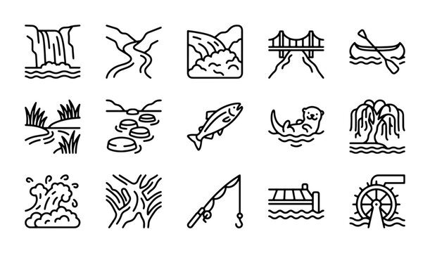 River and Water Icons Set: Nature, Wildlife, and Recreation Vector Graphics