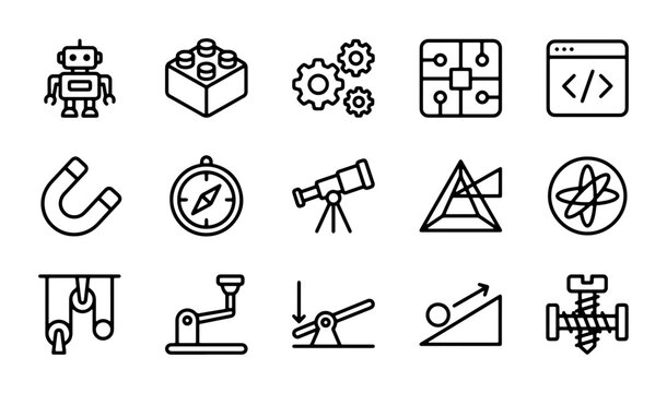 Science and Technology Icons: Robot, Building Blocks, Gears, Circuit Board, Code, Magnet, Telescope, Prism, Atom, Pulley, Lever, Ramp, Screw