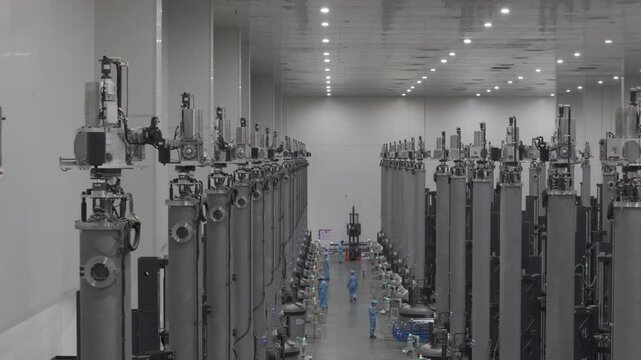 Workers Inspect Tall Machinery in Modern Clean Industrial Facility