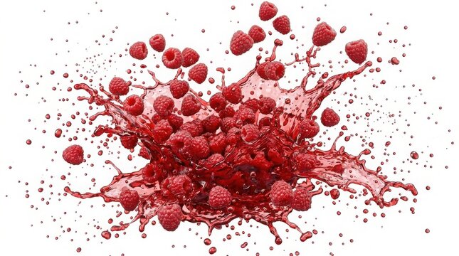 Fresh red raspberries splashing in juice, dynamic fruit explosion with liquid droplets, ripe berry water splash for beverage advertising isolated on White Background