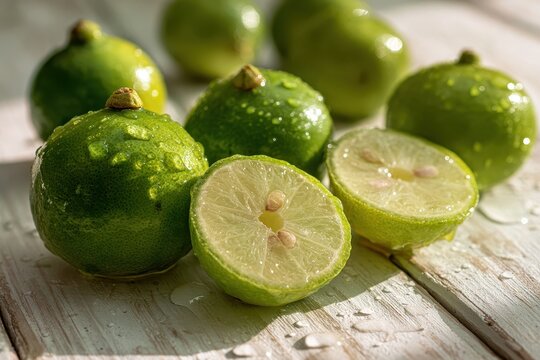 Close-up photograph of green Spanish lime fruits with translucent pale-green pulp