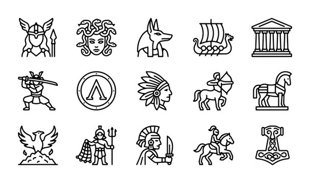 Mythological Icons Set, Ancient Gods & Heroes Vector Graphics, Historical Figures Collection