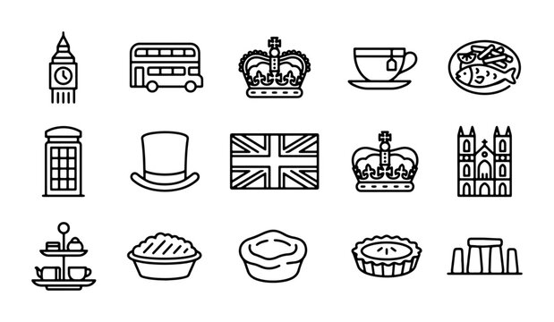 London Icons Set: Big Ben, Bus, Crown, Tea, Fish, Phone Booth, Hat, Flag, Abbey, Afternoon Tea, Pie, Stonehenge