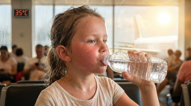 Ersch&ouml;pftes, stark schwitzendes kleines M&auml;dchen mit rotem Gesicht trinkt Wasser aus einer Plastikflasche am Flughafen. Konzept f&uuml;r extreme Hitzewelle, 35 Grad im Sommer, Dehydration und Reiseverz&ouml;geru