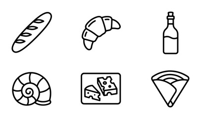 French Food Icons: Baguette, Croissant, Wine, Escargot, Cheese, Crepe Vector Set © Rakib