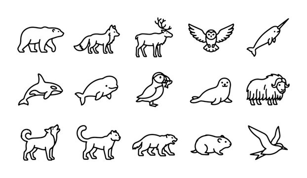 Arctic Wildlife Icons, Polar Animals Vector Set, Cute Cartoon Fauna Collection