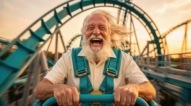 Elderly man with white beard enjoying a roller coaster ride, wearing safety harness, with amusement park tracks and sunset sky in the background