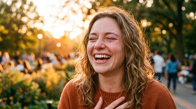 Joyful young woman with messy wavy blonde hair laughing hysterically with tears streaming down her face while wearing a warm brown knitted sweater during a beautiful golden hour park sunset