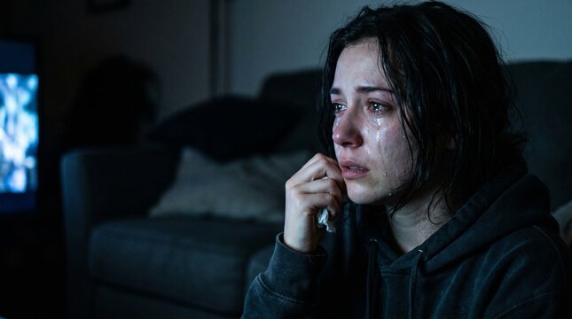Distressed young woman with messy dark hair crying while holding a white tissue in her hand during a lonely night in a dimly lit room with soft glowing blue light
