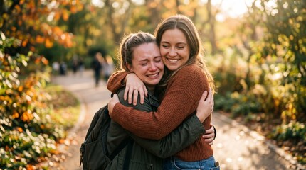 Fototapeta premium Two young women embracing in a sunlit autumn park as one friend cries while the other offers comfort and support during a deeply emotional moment of shared human connection today.