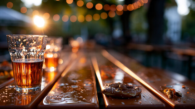zwei gl&auml;ser mit bier stehen auf einem gl&auml;nzenden holztisch einer au&szlig;engastronomie im warmen abendlicht mit lichterketten im hintergrund