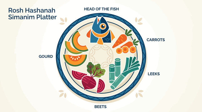 A vibrant flat design illustration of a platter filled with symbolic Rosh Hashanah foods, each representing blessings and good wishes for the New Year. 