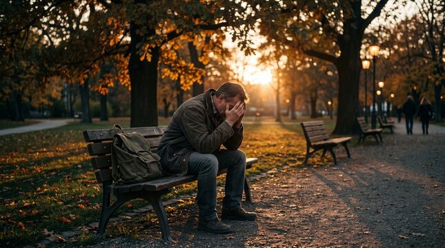 Depressed middle aged man sitting alone on a wooden park bench during a golden autumn sunset while covering his face with his hands feeling overwhelmed by deep personal emotional sorrow.
