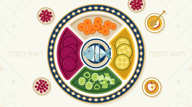A vibrant flat design illustration of a platter filled with symbolic Rosh Hashanah foods, each representing blessings and good wishes for the New Year. 