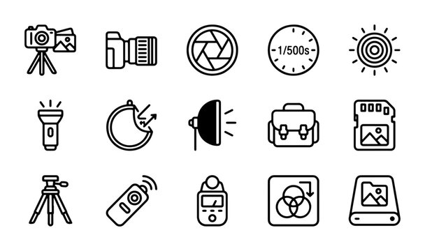 Photography Icons Set: Camera Gear, Lighting, Settings, Storage, 15 Vector Elements
