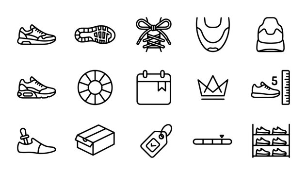 Sneaker Icons Set: Footwear, Shoe Parts, Accessories, Size Chart, Calendar, Box, Tag, Rack