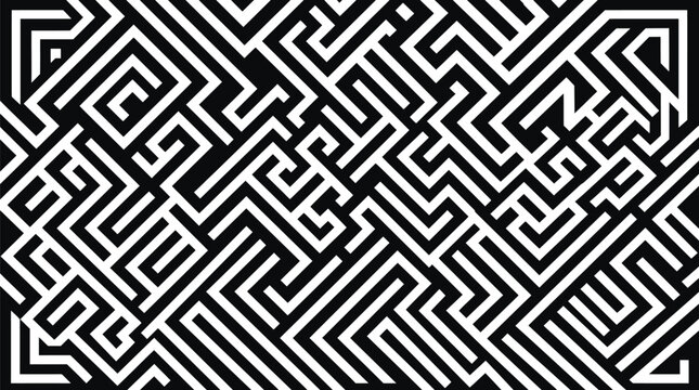 Intricate maze pattern with geometric shapes black and white vector illustration