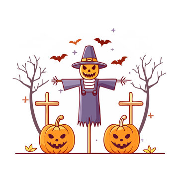 Halloween scarecrow with pumpkins and bats illustration