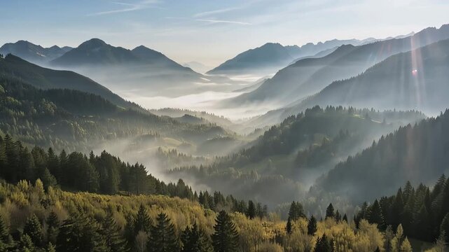 アルプスの朝を思わせる光芒と霧が広がる山岳の森の大風景