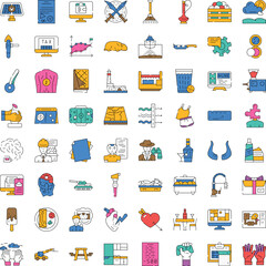 Naklejka premium Diverse collection of filled outline line icons covering various concepts including solar energy, finance, technology, environment, health, food, and daily objects for web and user interface design