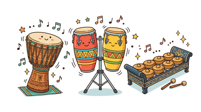 A vibrant, cheerful cartoon-style illustration of a diverse trio of traditional percussion instruments, including a large West African Djembe drum, set against a pristine, solid white