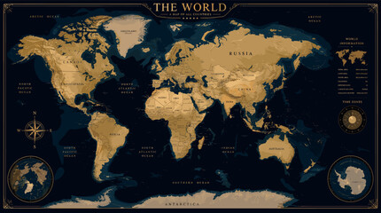 A detailed world map illustration showing continents, oceans, and geographical features in a vintage gold and dark blue color scheme. © megulung