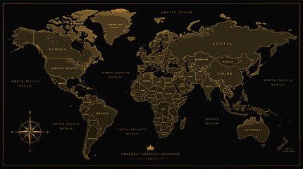 A detailed world map with countries outlined in gold on a black background, featuring a compass rose and ocean names. © megulung