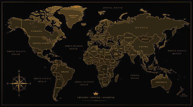 A detailed world map with countries outlined in gold on a black background, featuring a compass rose and ocean names.