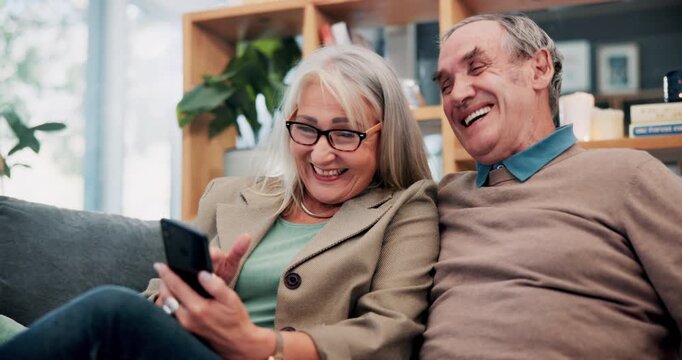 Streaming, laugh or old couple in home with phone, funny video or social media scroll in retirement. Smile, digital or elderly people with tech, online comic or humor reaction on multimedia platform.