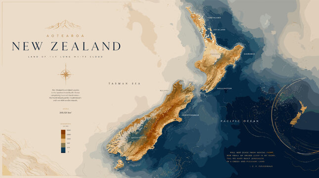 A detailed topographic map of New Zealand, showcasing its diverse terrain from coastal shallows to deep ocean trenches.