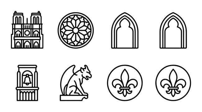 Gothic Architecture Icons: Notre Dame, Gargoyle, Rose Window, Fleur-de-lis, Bell Tower Vector Set