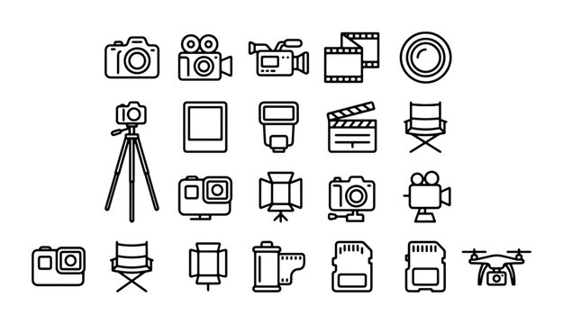 Photography and Videography Icons Set: Camera, Drone, Film, Tripod, Flash, Clapperboard, SD Card