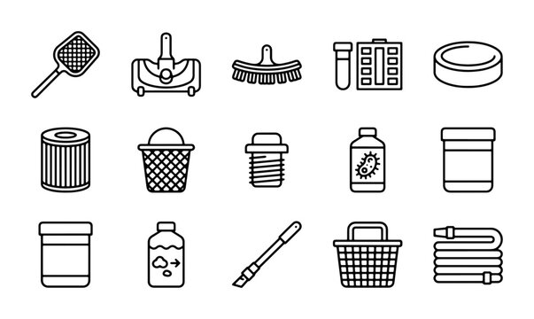 Pool Maintenance Icons, Swimming Pool Cleaning Tools Set, Water Care Equipment Vector Graphics